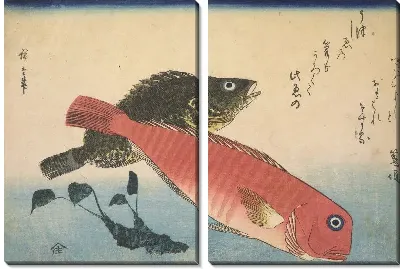 Картина Рыбы (1832-1833) (Arolated reefcod (Omon hata) with White horsehead (Shiro- Amadai) and Japanese horseradish root, with inscription)