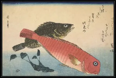 Картина Рыбы (1832-1833) (Arolated reefcod (Omon hata) with White horsehead (Shiro- Amadai) and Japanese horseradish root, with inscription)