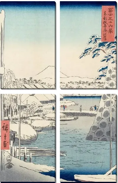 Картина Берег реки в Сикуйа (1858) (Riverbank at Sukiya in Edo (Tōto Sukiya-gashi), from the series Thirty-six Views of Mount Fuji (Fuji sanjūrokkei))