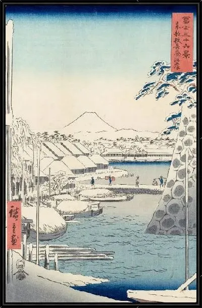 Картина Берег реки в Сикуйа (1858) (Riverbank at Sukiya in Edo (Tōto Sukiya-gashi), from the series Thirty-six Views of Mount Fuji (Fuji sanjūrokkei))