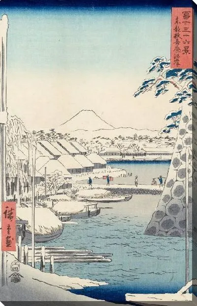 Картина Берег реки в Сикуйа (1858) (Riverbank at Sukiya in Edo (Tōto Sukiya-gashi), from the series Thirty-six Views of Mount Fuji (Fuji sanjūrokkei))