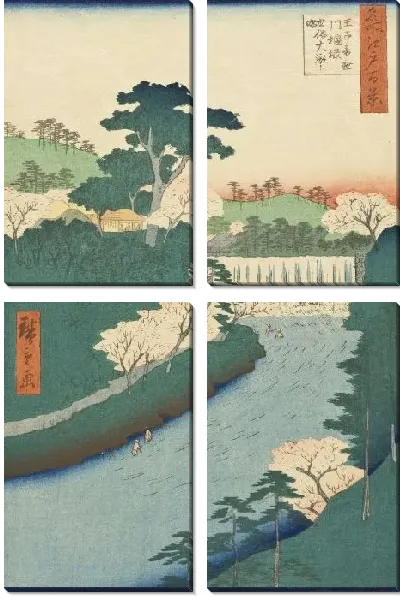 Картина Плотина на реке Отонаси (1857) (Dam on the Otonashi River at Oji Popularly Known as the 'Great Waterfall' (Oji Otonashigawa entia, sezoku Otaki to tonau))