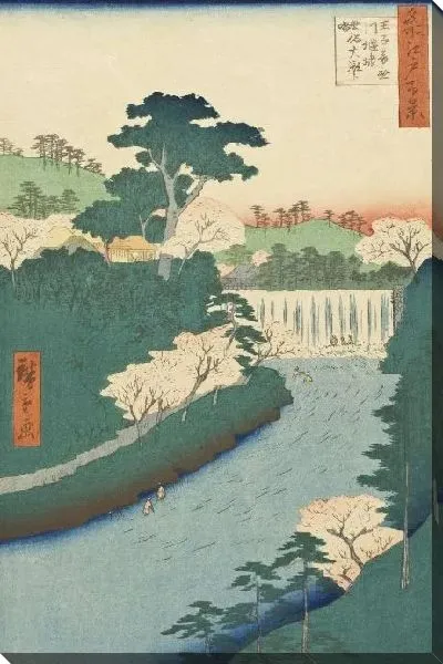 Картина Плотина на реке Отонаси (1857) (Dam on the Otonashi River at Oji Popularly Known as the 'Great Waterfall' (Oji Otonashigawa entia, sezoku Otaki to tonau))