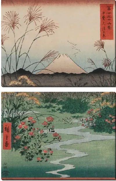 Картина Равнина (1858) (ōtsuki Plain in Kai Province (Kai ōtsuki no hara), from the series Thirty-six Views of Mount Fuji (Fuji sanjūrokkei))