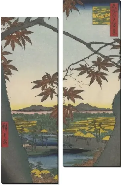 Картина Клены (1857) (Maple Trees at Mama, Tekona Shrine and Linked Bridge)