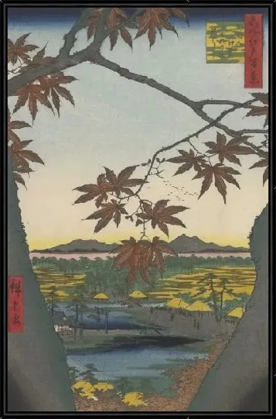 Картина Клены (1857) (Maple Trees at Mama, Tekona Shrine and Linked Bridge)