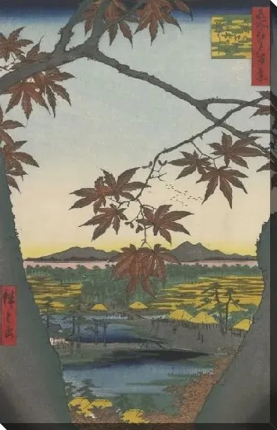 Картина Клены (1857) (Maple Trees at Mama, Tekona Shrine and Linked Bridge)