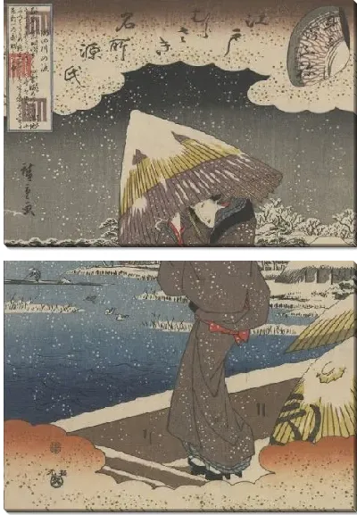 Картина Ферри на реке Сумида (1848-1851) (Famous Sites in Edo and Chapters from the Tale of Genji: Ferry on the Sumida River, Matched with the Ukifune Chapter)
