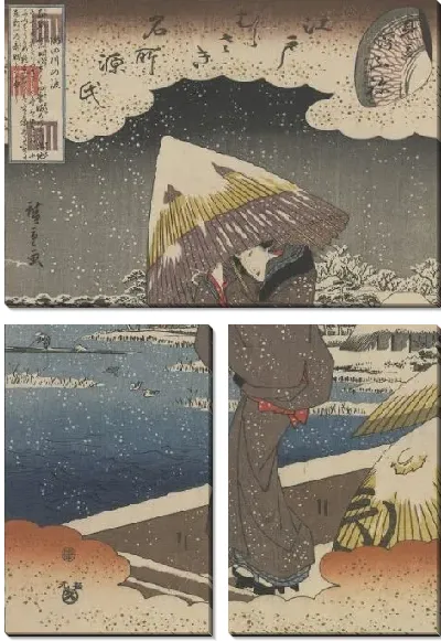 Картина Ферри на реке Сумида (1848-1851) (Famous Sites in Edo and Chapters from the Tale of Genji: Ferry on the Sumida River, Matched with the Ukifune Chapter)