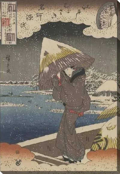 Картина Ферри на реке Сумида (1848-1851) (Famous Sites in Edo and Chapters from the Tale of Genji: Ferry on the Sumida River, Matched with the Ukifune Chapter)