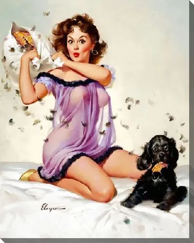 Картина маслом Девушка бьет собаку подушкой