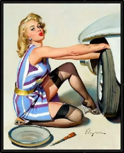 Картина Девушка меняет колесо у машины