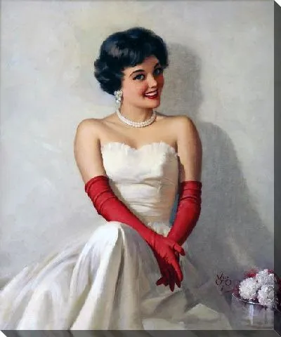 Картина маслом Девушка в белом платье и красных перчатках