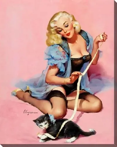 Картина маслом Девушка играет с котёнком