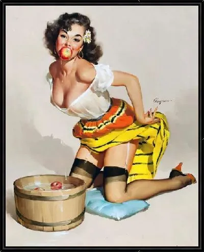 Картина Девушка на коленях с яблоком во рту