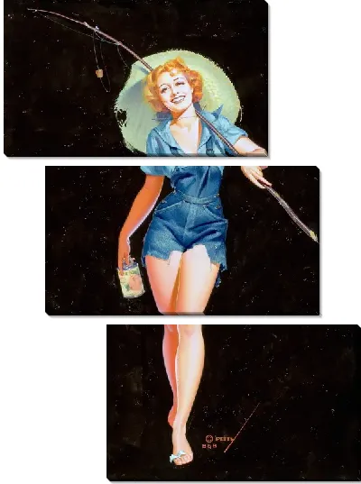 Модульная картина Девушка с удочкой на черном фоне