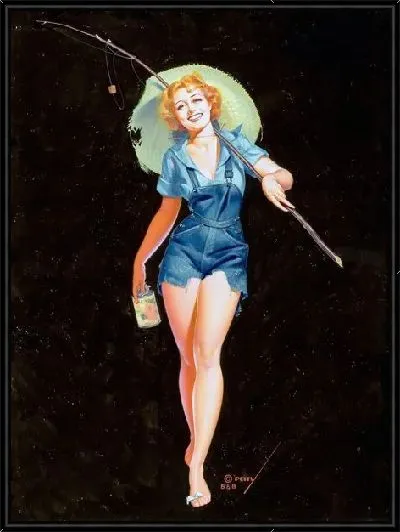 Картина Девушка с удочкой на черном фоне