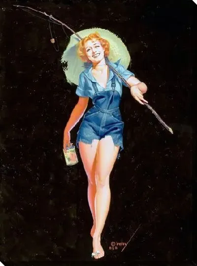 Постер Девушка с удочкой на черном фоне