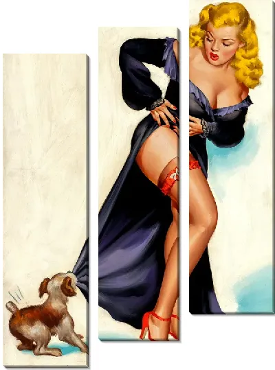 Модульная картина Девушка в халате, который грызёт собака