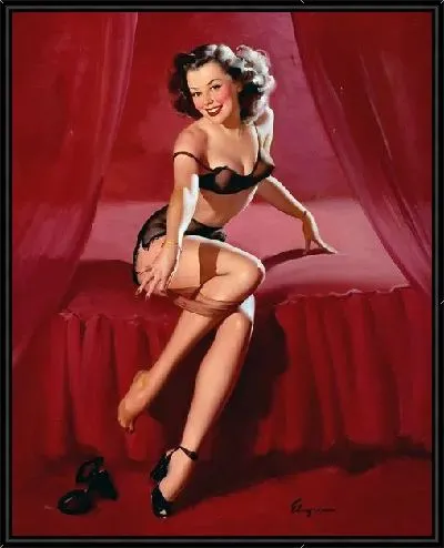 Картина Девушка в эротическом белье на красной кровате