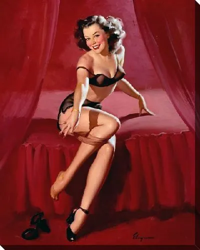 Картина маслом Девушка в эротическом белье на красной кровате