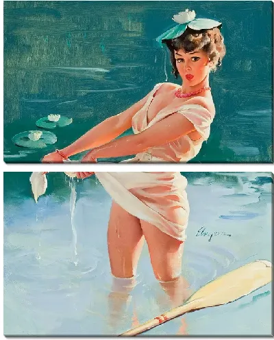 Модульная картина Девушка в озере с кувшинкой на голове