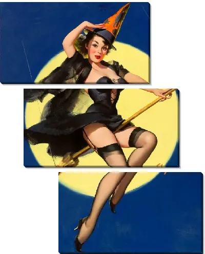 Модульная картина Девушка на метле на фоне луны