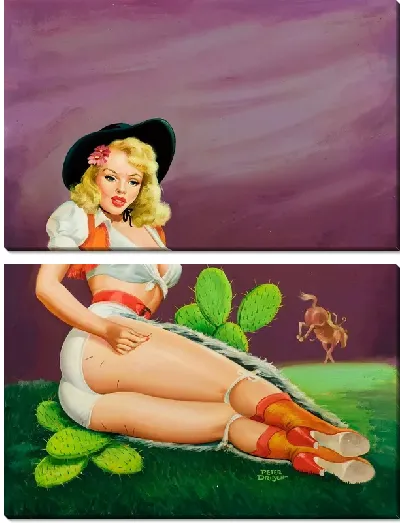 Модульная картина Девушка в костюме ковбоя у кактуса