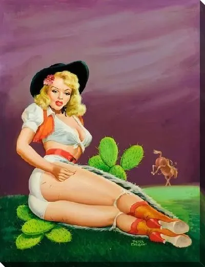 Картина маслом Девушка в костюме ковбоя у кактуса