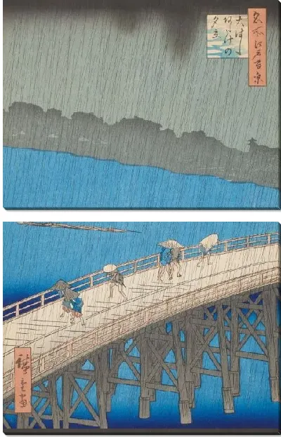 Картина Ливень над мостом (1857) (Downpour at Ohashi Bridge, Atake, from the series "One Hundred Famous Views of Edo")