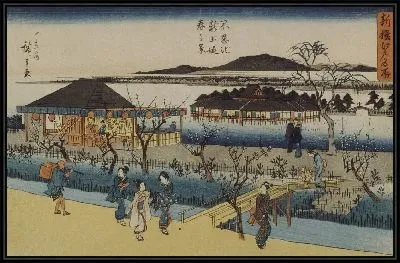 Картина Новая набережная возле пруда (1839-1842) (The New Embankment on Shinobazu Pond in Spring)