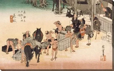 Картина Смена лошадей (1833-1834) (Changing Horses and Porters at Fujieda Station)