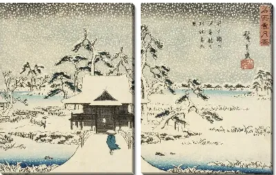Картина Храм и пруд в снегу (1844-1845) (Inokashira Pond and Benzaiten Shrine in Snow)