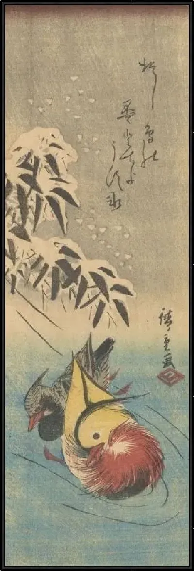 Картина Мандариновые утки в снегу (Mandarin ducks in the snow)