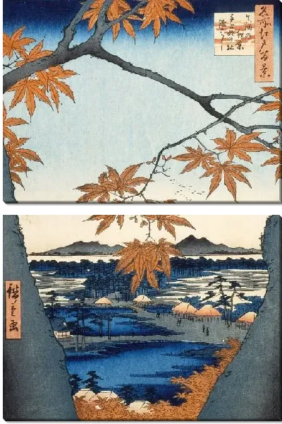 Картина Клены (1857) (Maple Trees at Mama, Tekona Shrine and Linked Bridge)