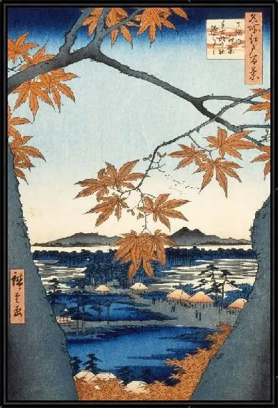 Картина Клены (1857) (Maple Trees at Mama, Tekona Shrine and Linked Bridge)