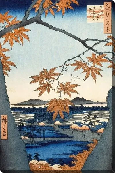 Картина Клены (1857) (Maple Trees at Mama, Tekona Shrine and Linked Bridge)