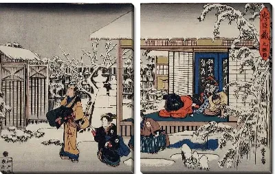 Картина Суицид (1835-1839) (Act IX: Honzō's Suicide in Front of His Family; Yuranosuke Dressed as a Komusō Making Preparations to Attack Moronao)