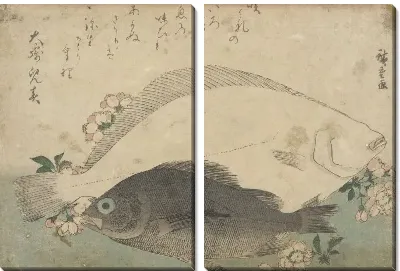 Картина Две рыбы (Wood-block print of two fish with floral sprays and a poetic inscription)