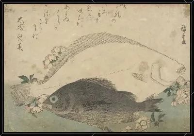 Картина Две рыбы (Wood-block print of two fish with floral sprays and a poetic inscription)