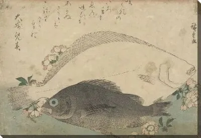 Картина Две рыбы (Wood-block print of two fish with floral sprays and a poetic inscription)