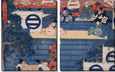 Картина Леди Каоё (1835-1839) (Act I: Lady Kaoyo Mounting the Steps at Hachiman Shrine for the Identification of Her Dead Master's Helmet)