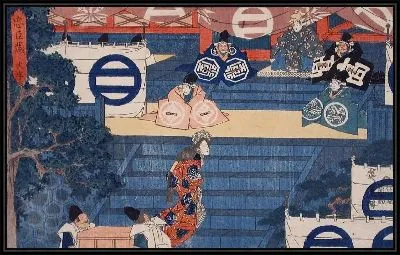 Картина Леди Каоё (1835-1839) (Act I: Lady Kaoyo Mounting the Steps at Hachiman Shrine for the Identification of Her Dead Master's Helmet)