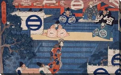 Картина Леди Каоё (1835-1839) (Act I: Lady Kaoyo Mounting the Steps at Hachiman Shrine for the Identification of Her Dead Master's Helmet)