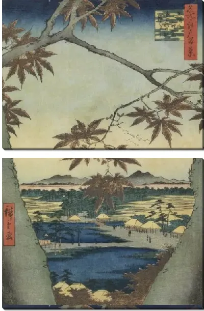 Картина Листья клена (1857) (The maple leaves of Mama, Tekona shrine and Tsugi bridge)