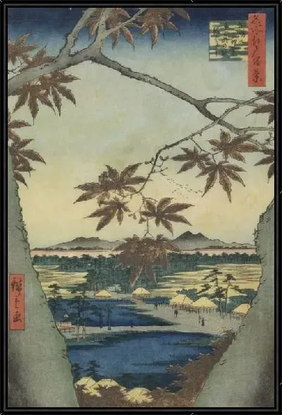 Картина Листья клена (1857) (The maple leaves of Mama, Tekona shrine and Tsugi bridge)