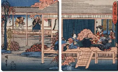 Картина Посланники (1835-1839) (Act IV: Envoys from the Shogun Approach Lady Kaoyo and Group at Enya's Castle, Bringing Sentence of Death to Enya, Lady Kaoyo Is Surrounded by Cherry Blossoms Gathered to Cheer Enya during His Incarceration)