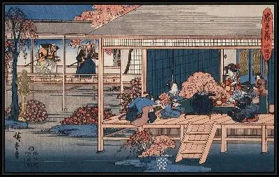 Картина Посланники (1835-1839) (Act IV: Envoys from the Shogun Approach Lady Kaoyo and Group at Enya's Castle, Bringing Sentence of Death to Enya, Lady Kaoyo Is Surrounded by Cherry Blossoms Gathered to Cheer Enya during His Incarceration)