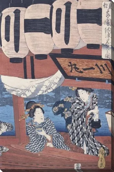 Картина Смотрим фейерверк при прохладе вечера (1847-1848) (Enjoying the fireworks and the cool of the evening at Ryogoku bridge in the Eastern Capital)