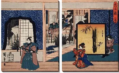 Картина Прием (1835-1839) (Act II: Konami Receiving Rikiya while Her Mother Watches; Honzō Holds a Pine Branch after Cutting with Wakasanosuke's Sword)